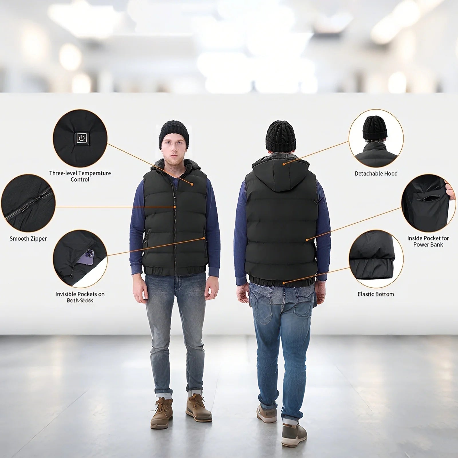 Heated Vest Para Hombre Y Mujeres Con Paquete De Batería De 10000Mah, Capucha Calefactable Desmontable Ropa Calefactable, Chaqueta Eléctricamente Calefactada Con 3 Niveles De Temperatura, Talla XL