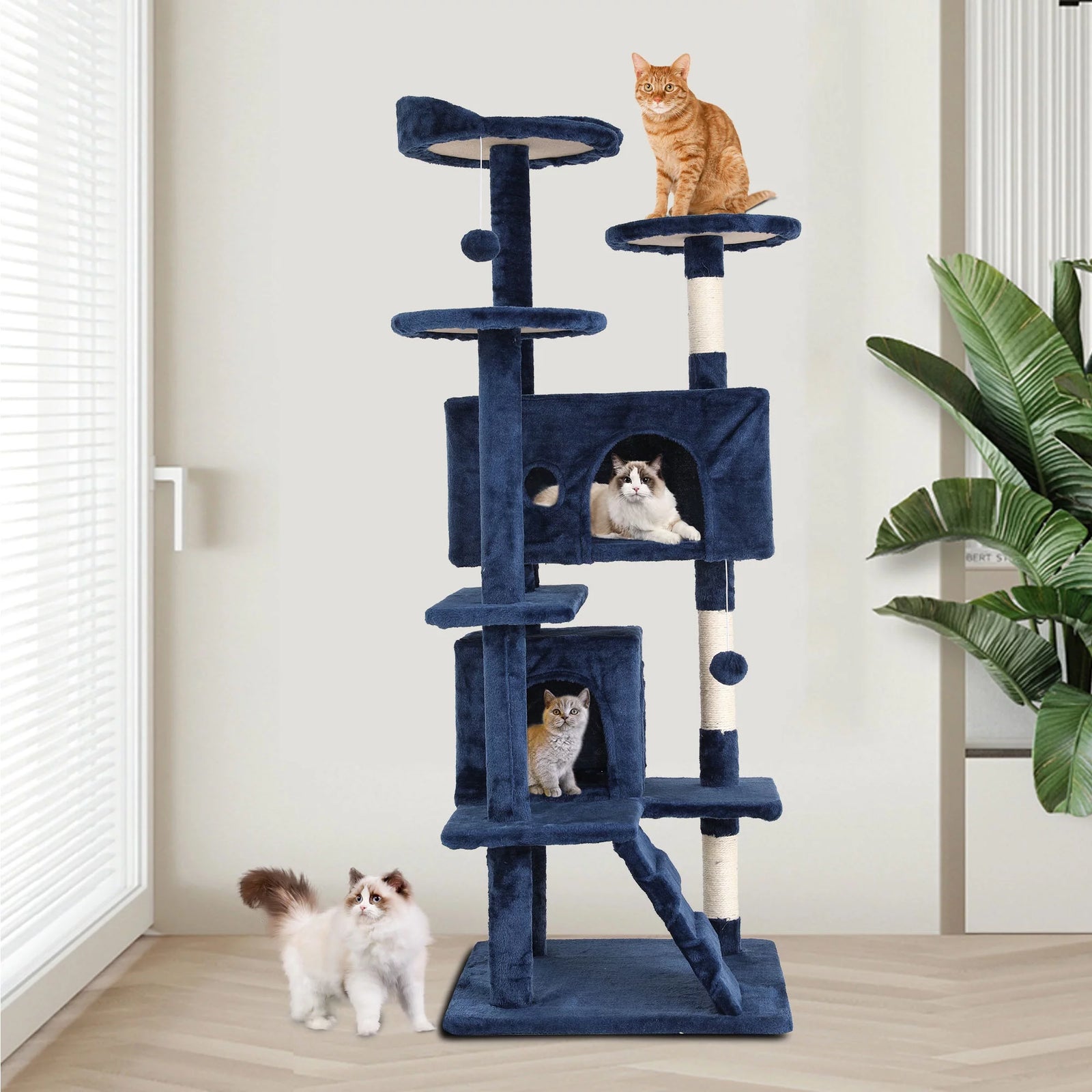 Torre De Juego Cat Tree De 54 in Con Doble Condominio, Poste Rascador Y Percha Para Interiores, Azul Marino
