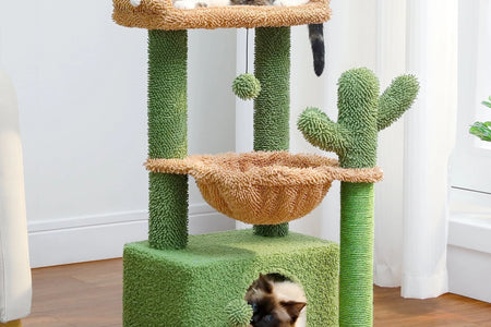 Cat Tree 33" Cute Cactus Cat Scratching Posts Tower with Large Top Perch and Hammock for Medium Indoor Cats, Green
