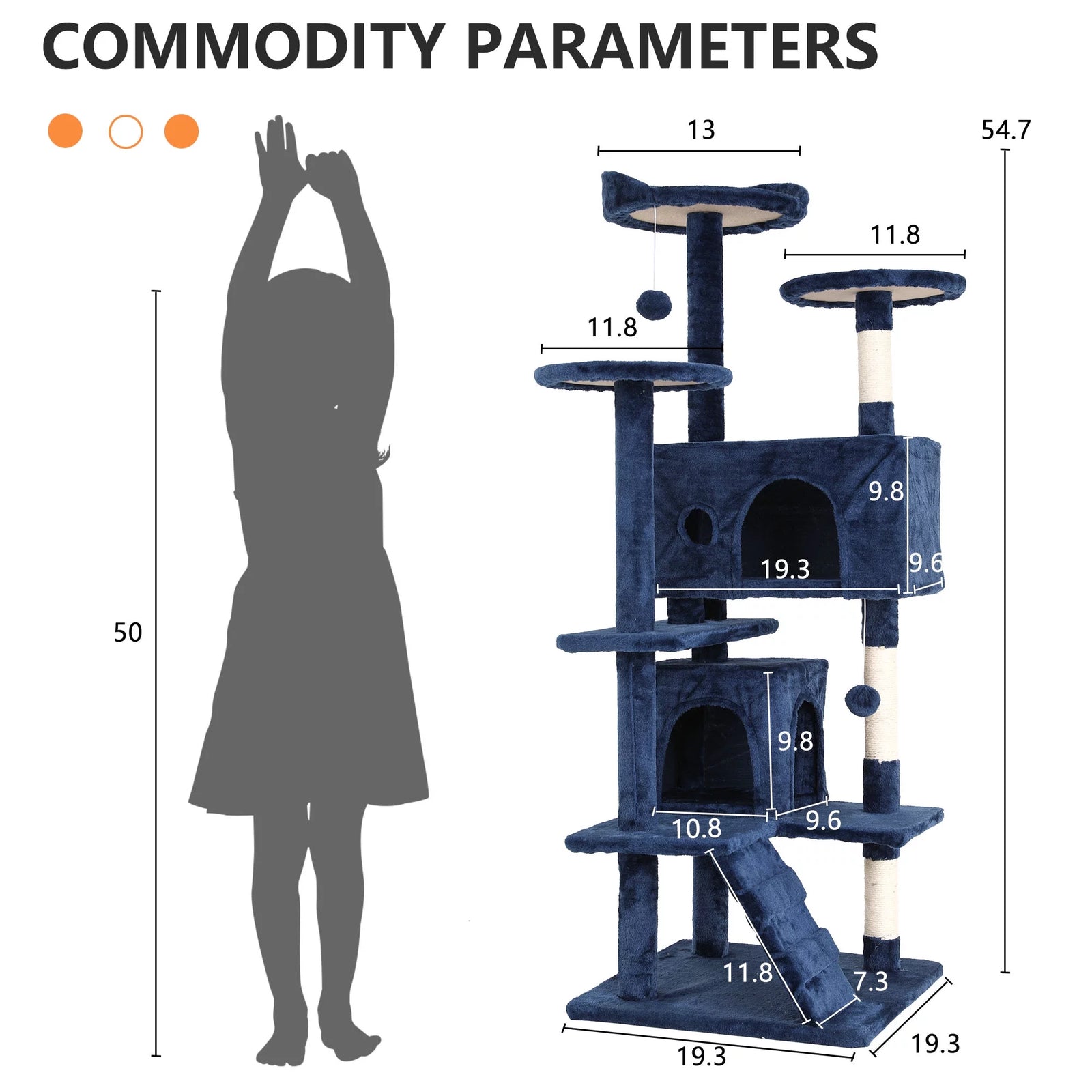Torre De Juego Cat Tree De 54 in Con Doble Condominio, Poste Rascador Y Percha Para Interiores, Azul Marino