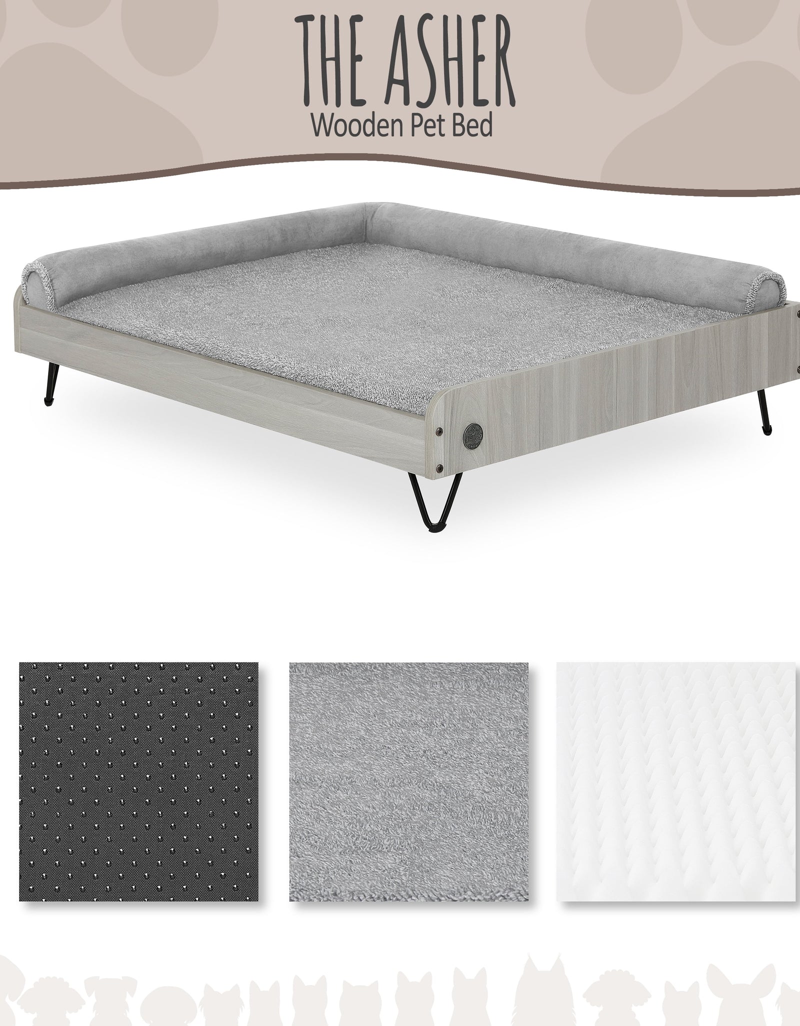 Asher Cama Pequeña Elevada De Madera Para Mascotas Con Colchón, Certificación Greenguard Gold
