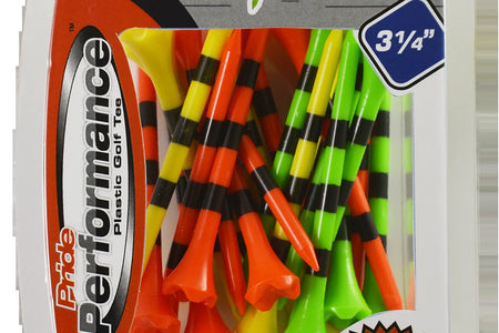 Pride Performance Plastic Golf Tees, 3-1/4" Length, Striped Fruit Mix, 25 Count, Low-Resistance Head for Golf, Longer Drives, Durable Plastic