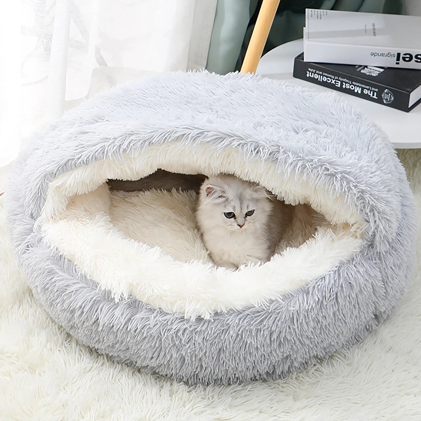 Camas Calmantes Para Perros Y Cama Cueva Para Gatos Con Funda Con Capucha, Camas Redondas Removibles Y Lavables Para Mascotas Pequeñas Y Medianas, Cama Acolchada Antideslizante De Piel Sintética Esponjosa Para Mejorar El Sueño, Se Adapta Hasta 11 Lbs