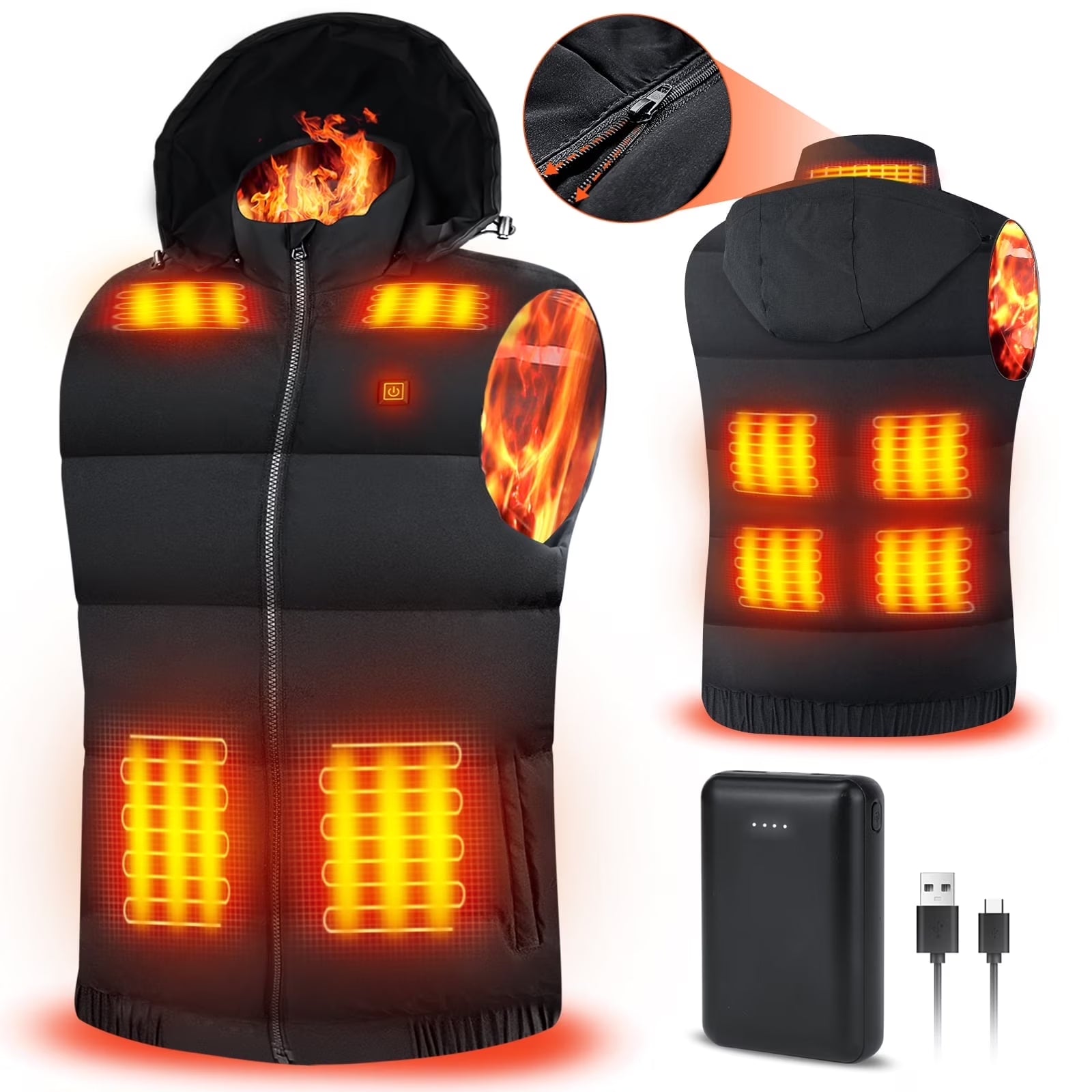 Heated Vest Para Hombre Y Mujeres Con Paquete De Batería De 10000Mah, Capucha Calefactable Desmontable Ropa Calefactable, Chaqueta Eléctricamente Calefactada Con 3 Niveles De Temperatura, Talla XL