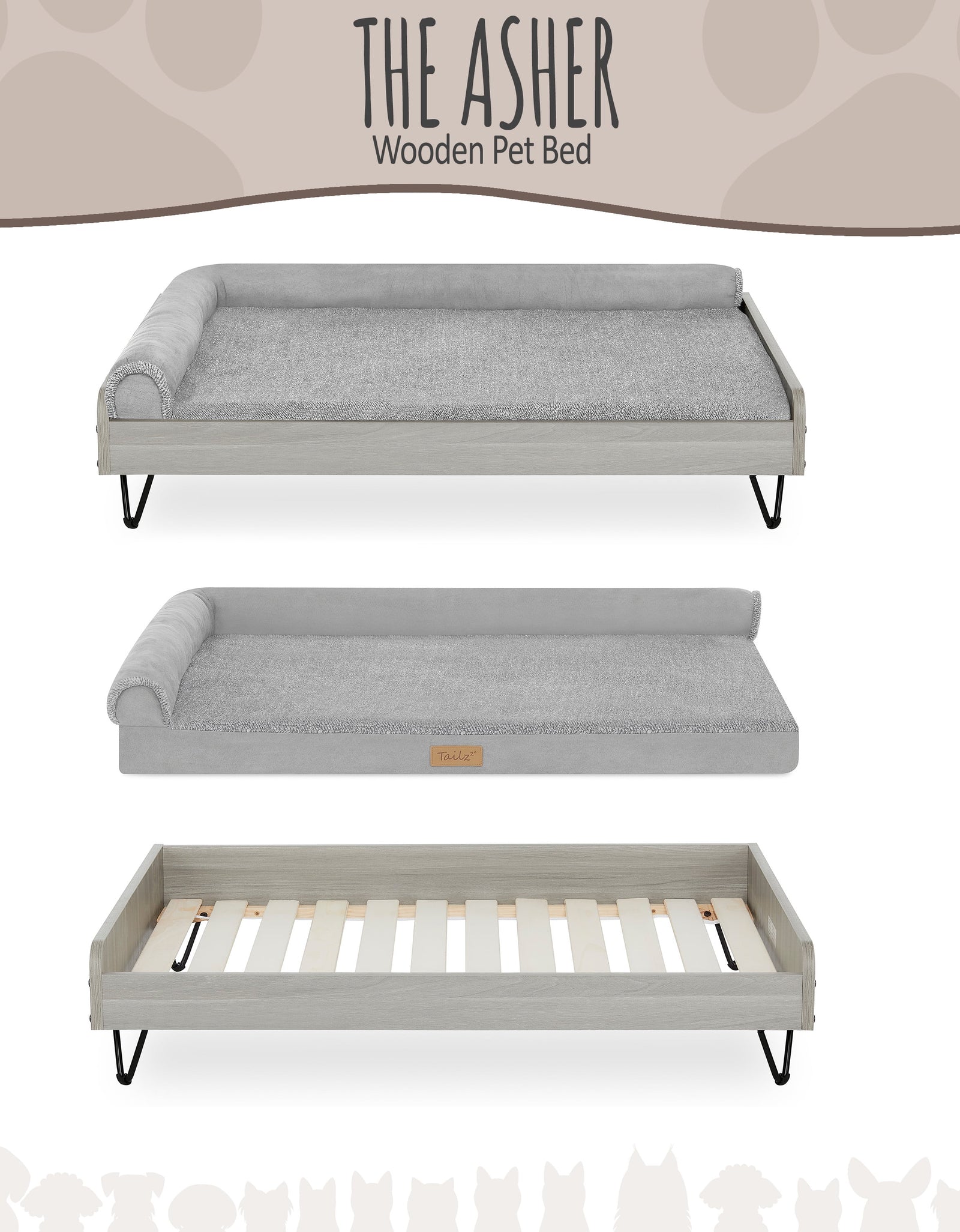 Asher Cama Pequeña Elevada De Madera Para Mascotas Con Colchón, Certificación Greenguard Gold