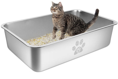 Cat Litter Box with High Sides Large Stainless Steel Cat Litter Pan 23.6" X 15.7" X 5.9"