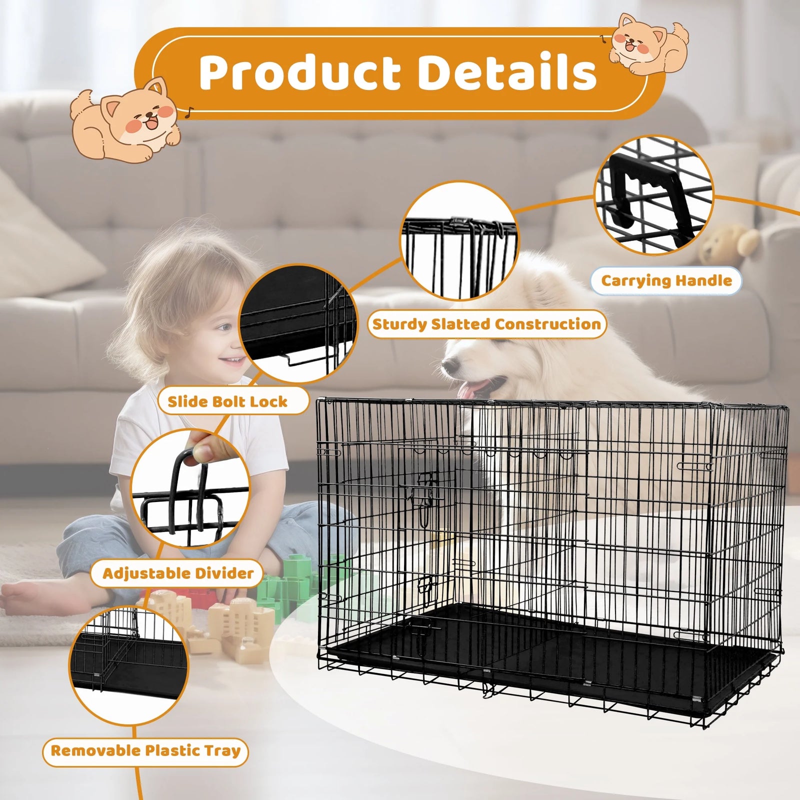 42 Inch Jaula Para Perro, Jaulas Y Perreras Plegables Grandes Para Perros Grandes Con Asa, Jaula Para Perro De Alambre Metálico De Doble Puerta Para Exteriores Con Bandeja De Plástico Para Perros Medianos, Negro
