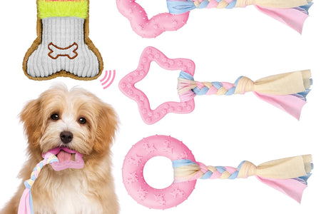 Paquete De 5 Juguetes Masticables Para Cachorros Para La Dentición De Perros Pequeños, Juguetes De Dentición Para Cachorros De Goma Rosa De Peluche Con Chirrido Juguetes Para Perros Para Limpiar Dientes Juguetes Interactivos De Huesos Para Perros