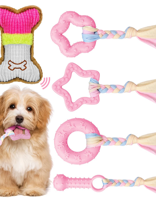 Load image into Gallery viewer, Paquete De 5 Juguetes Masticables Para Cachorros Para La Dentición De Perros Pequeños, Juguetes De Dentición Para Cachorros De Goma Rosa De Peluche Con Chirrido Juguetes Para Perros Para Limpiar Dientes Juguetes Interactivos De Huesos Para Perros
