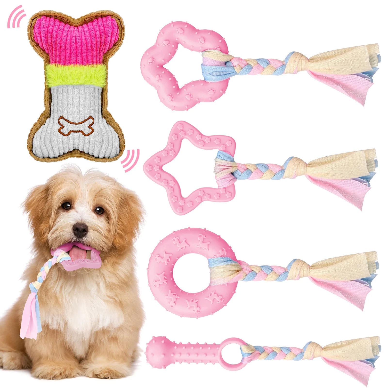 Paquete De 5 Juguetes Masticables Para Cachorros Para La Dentición De Perros Pequeños, Juguetes De Dentición Para Cachorros De Goma Rosa De Peluche Con Chirrido Juguetes Para Perros Para Limpiar Dientes Juguetes Interactivos De Huesos Para Perros