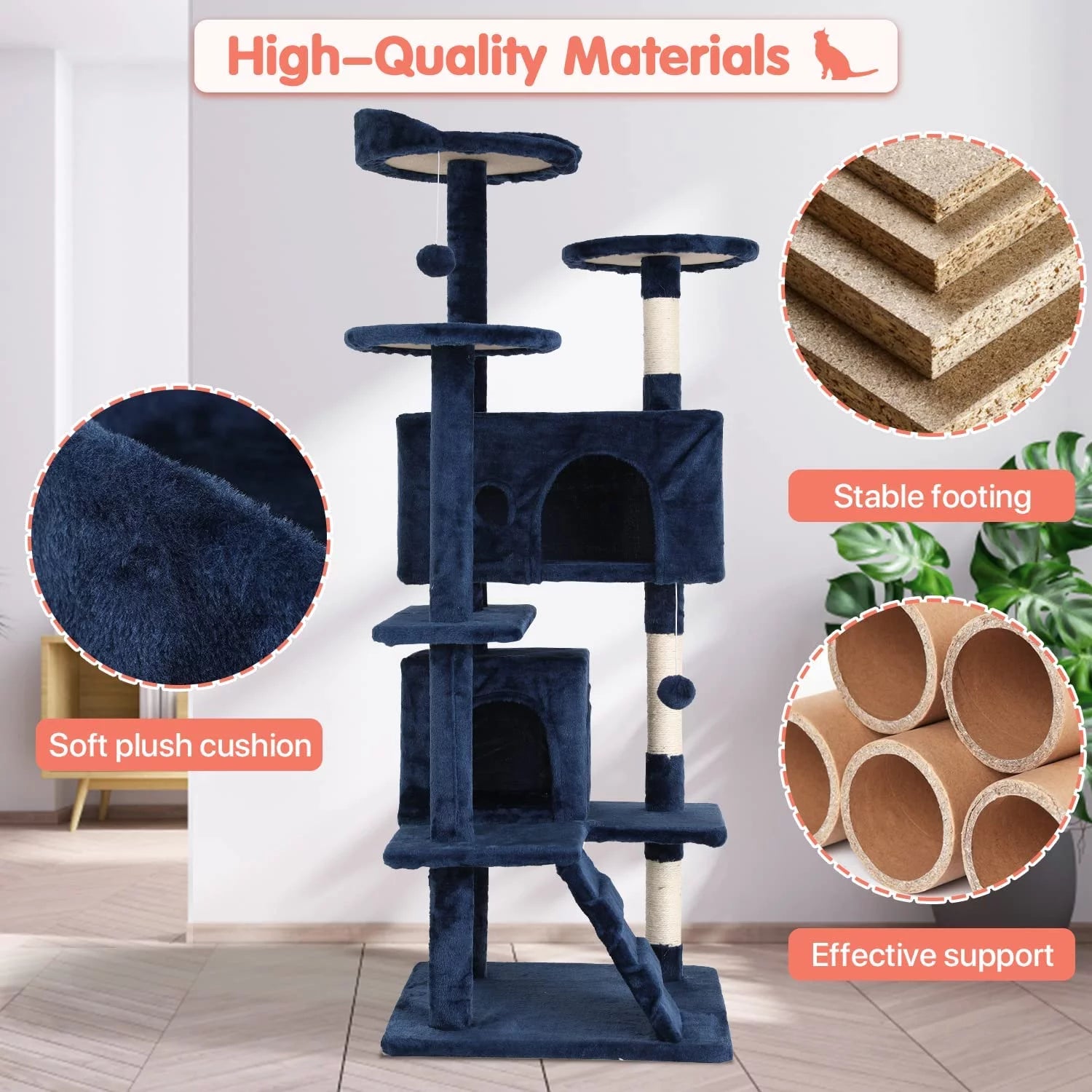 Torre De Juego Cat Tree De 54 in Con Doble Condominio, Poste Rascador Y Percha Para Interiores, Azul Marino