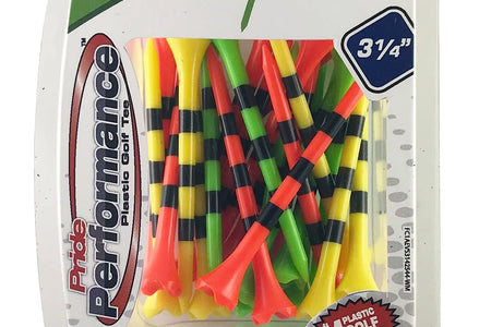Pride Performance Plastic Golf Tees, 3-1/4" Length, Striped Fruit Mix, 25 Count, Low-Resistance Head for Golf, Longer Drives, Durable Plastic