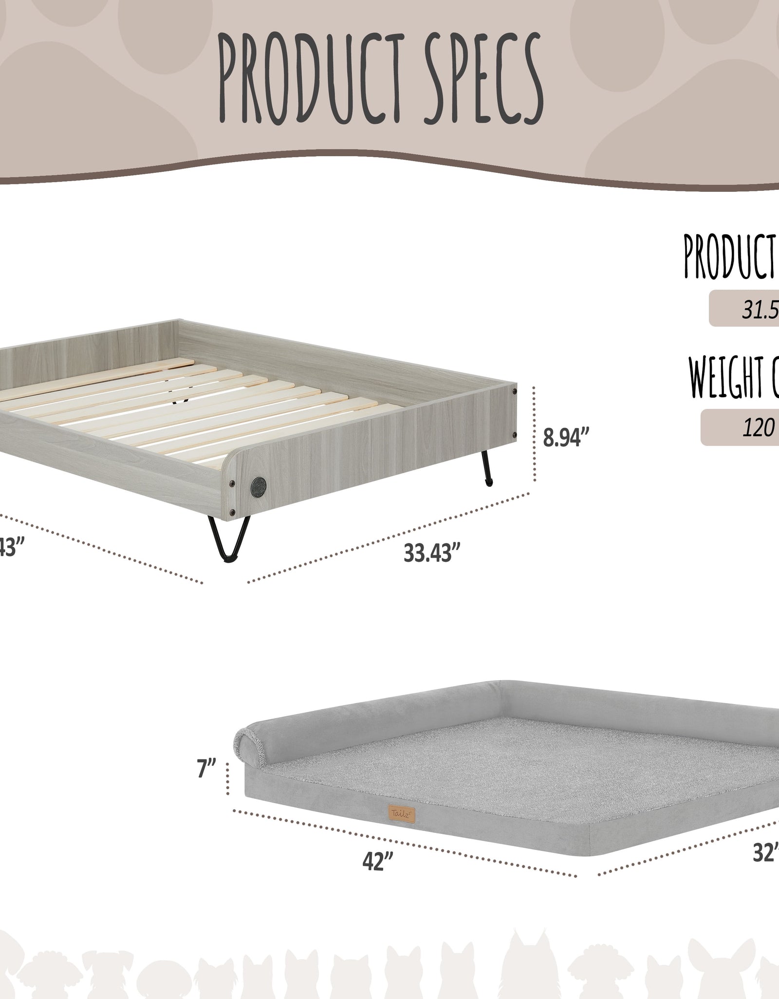 Asher Cama Pequeña Elevada De Madera Para Mascotas Con Colchón, Certificación Greenguard Gold