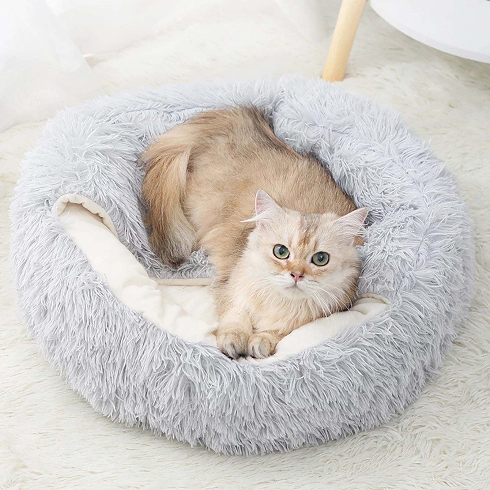 Camas Calmantes Para Perros Y Cama Cueva Para Gatos Con Funda Con Capucha, Camas Redondas Removibles Y Lavables Para Mascotas Pequeñas Y Medianas, Cama Acolchada Antideslizante De Piel Sintética Esponjosa Para Mejorar El Sueño, Se Adapta Hasta 11 Lbs
