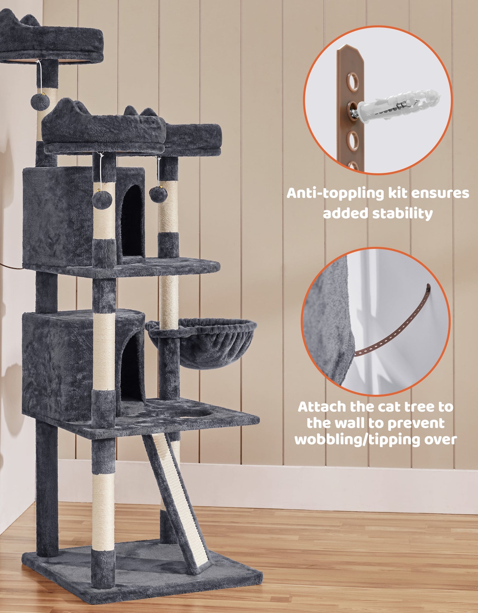 69In Large Cat Tree Tower with Condos & Scratching Board, Dark Gray