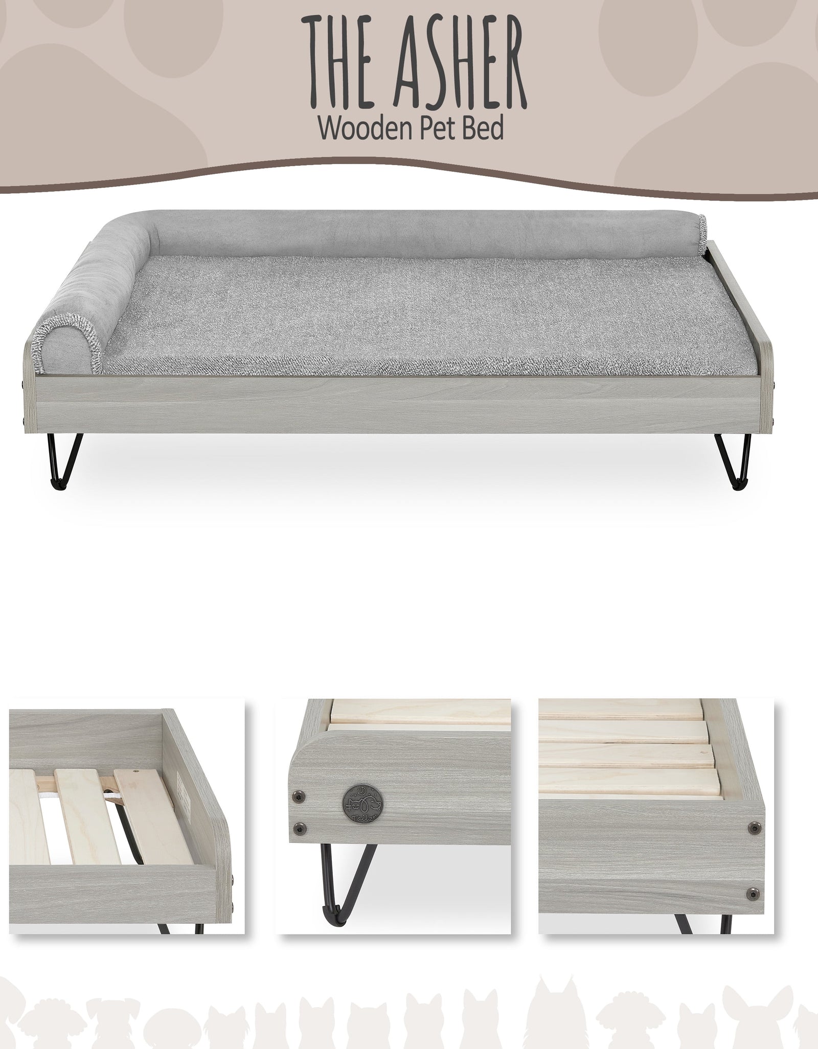 Asher Cama Pequeña Elevada De Madera Para Mascotas Con Colchón, Certificación Greenguard Gold