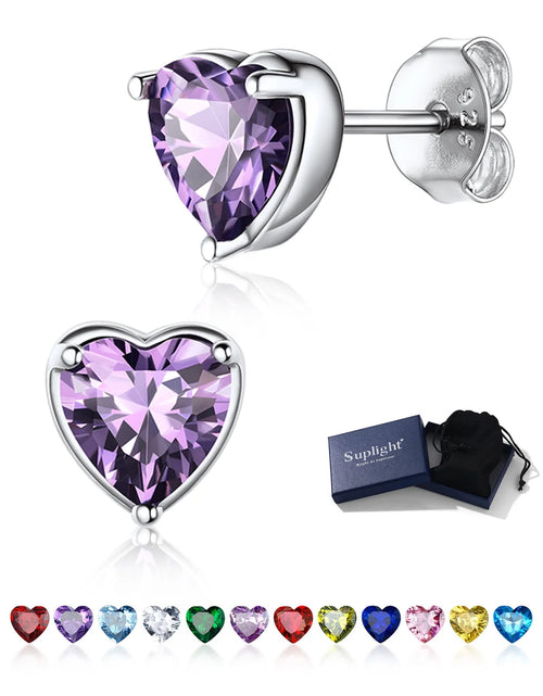 Load image into Gallery viewer, Silver Earrings for Women 925 Sterling Silver Heart Birthstone Stud Earrings Birthday Jewelry Gift
