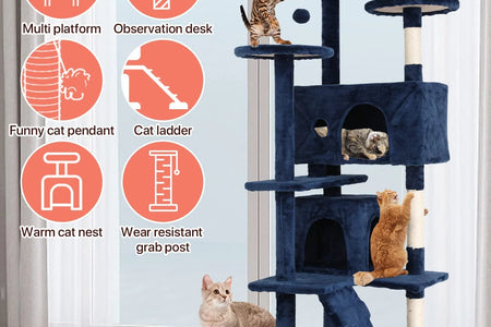Torre De Juego Cat Tree De 54 in Con Doble Condominio, Poste Rascador Y Percha Para Interiores, Azul Marino