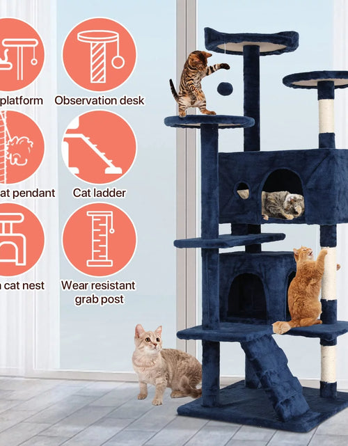 Load image into Gallery viewer, Torre De Juego Cat Tree De 54 in Con Doble Condominio, Poste Rascador Y Percha Para Interiores, Azul Marino
