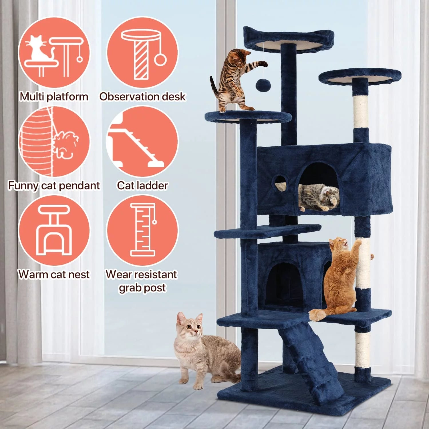Torre De Juego Cat Tree De 54 in Con Doble Condominio, Poste Rascador Y Percha Para Interiores, Azul Marino