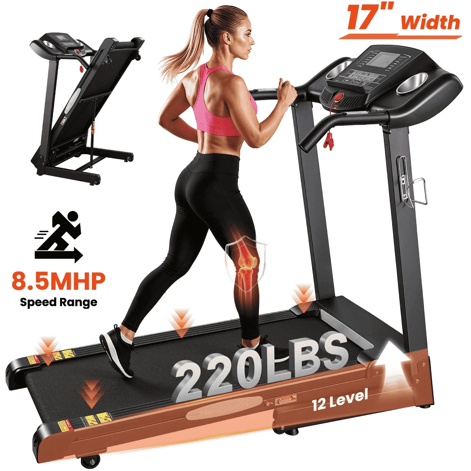Treadmill 2.5HP Eléctrica Con 12 Niveles Auto Incline Plegable Treadmill Con Monitor LCD 220Lbs 8.5 Mph Rango De Velocidad Para Gimnasio En Casa Ejercicio Fitness