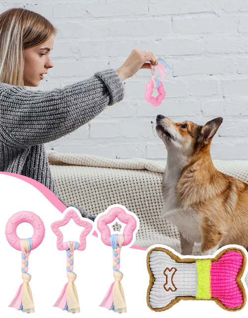 Load image into Gallery viewer, Paquete De 5 Juguetes Masticables Para Cachorros Para La Dentición De Perros Pequeños, Juguetes De Dentición Para Cachorros De Goma Rosa De Peluche Con Chirrido Juguetes Para Perros Para Limpiar Dientes Juguetes Interactivos De Huesos Para Perros
