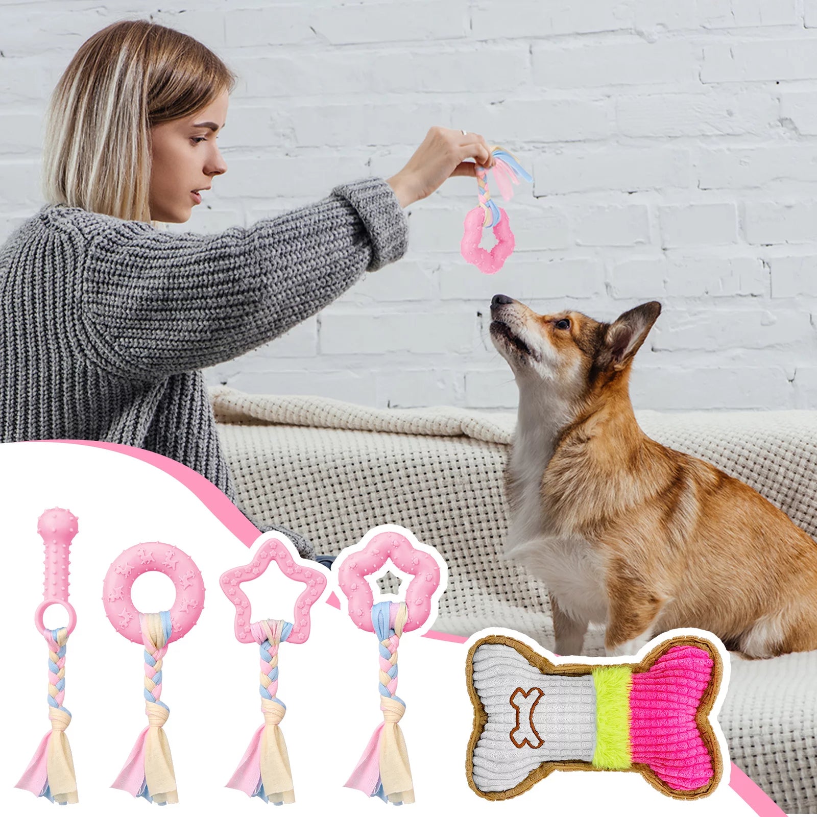 Paquete De 5 Juguetes Masticables Para Cachorros Para La Dentición De Perros Pequeños, Juguetes De Dentición Para Cachorros De Goma Rosa De Peluche Con Chirrido Juguetes Para Perros Para Limpiar Dientes Juguetes Interactivos De Huesos Para Perros