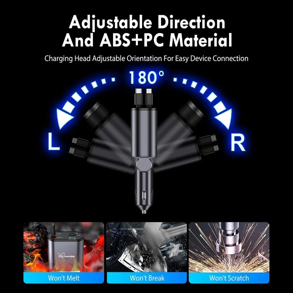 , Carga Súper Rápida 4 En 1 Con Cables Retráctiles (31,5 Pulgadas) Y 2 Puertos USB, Negro