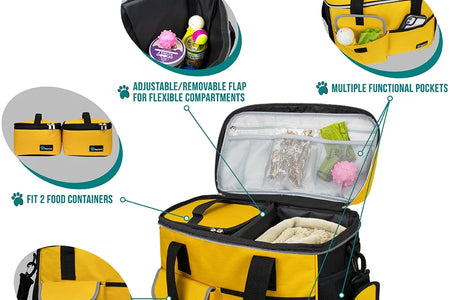 Medium Dog Travel Bag with Food Containers and Bowls, Yellow, 22 L Limit