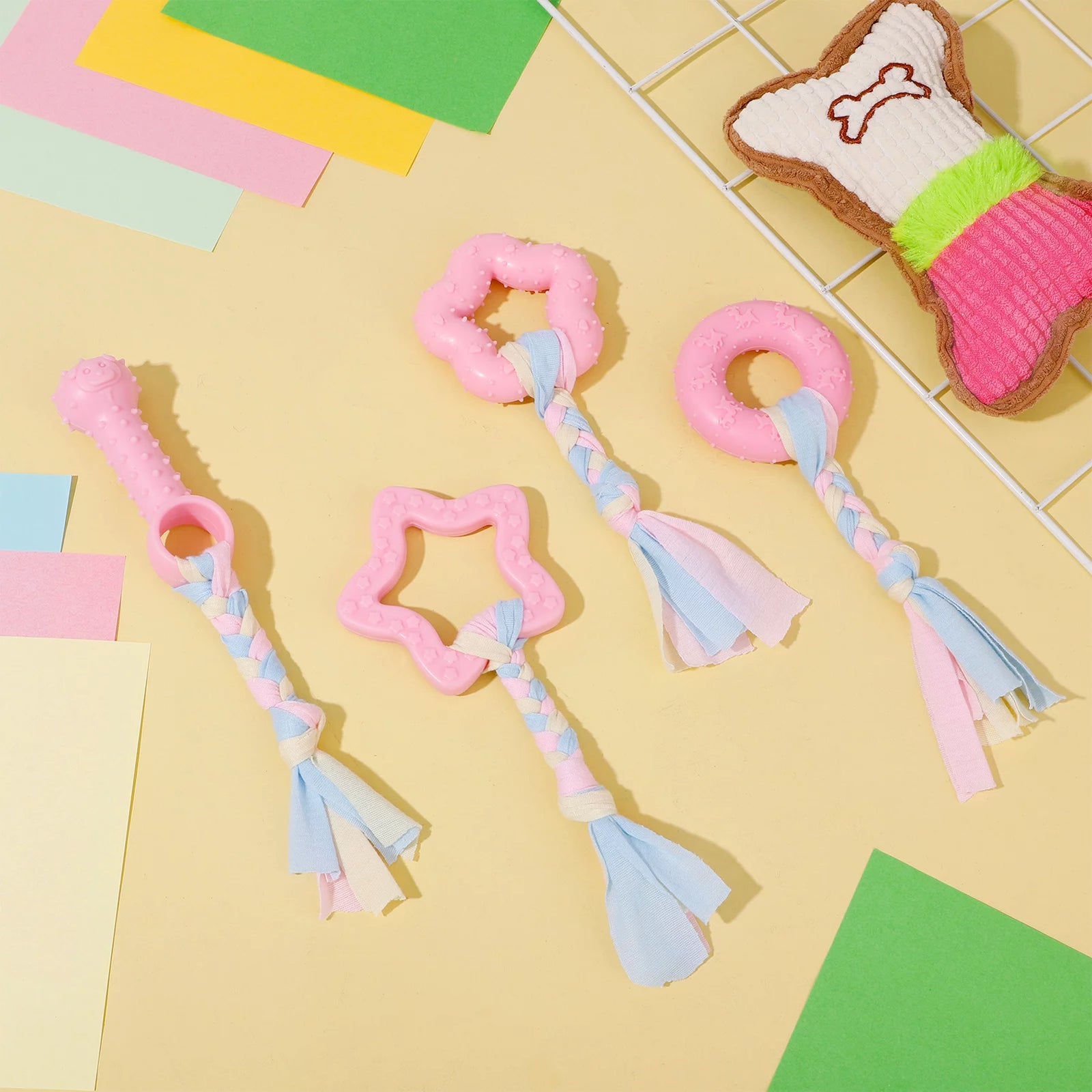 Paquete De 5 Juguetes Masticables Para Cachorros Para La Dentición De Perros Pequeños, Juguetes De Dentición Para Cachorros De Goma Rosa De Peluche Con Chirrido Juguetes Para Perros Para Limpiar Dientes Juguetes Interactivos De Huesos Para Perros