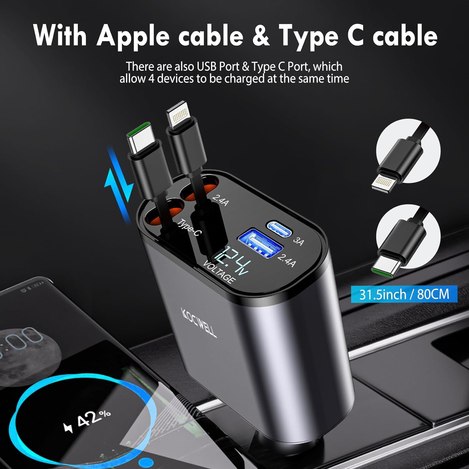 , Carga Súper Rápida 4 En 1 Con Cables Retráctiles (31,5 Pulgadas) Y 2 Puertos USB, Negro