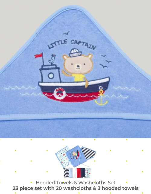 Load image into Gallery viewer, Bath Hooded Towels &amp; Washcloths Set for Babies, 23-Piece Gift Set, Navy Nautical
