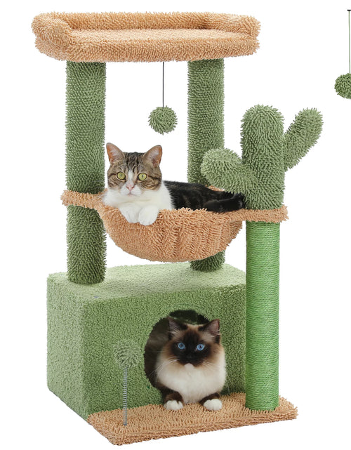 Load image into Gallery viewer, Cat Tree 33" Cute Cactus Cat Scratching Posts Tower with Large Top Perch and Hammock for Medium Indoor Cats, Green
