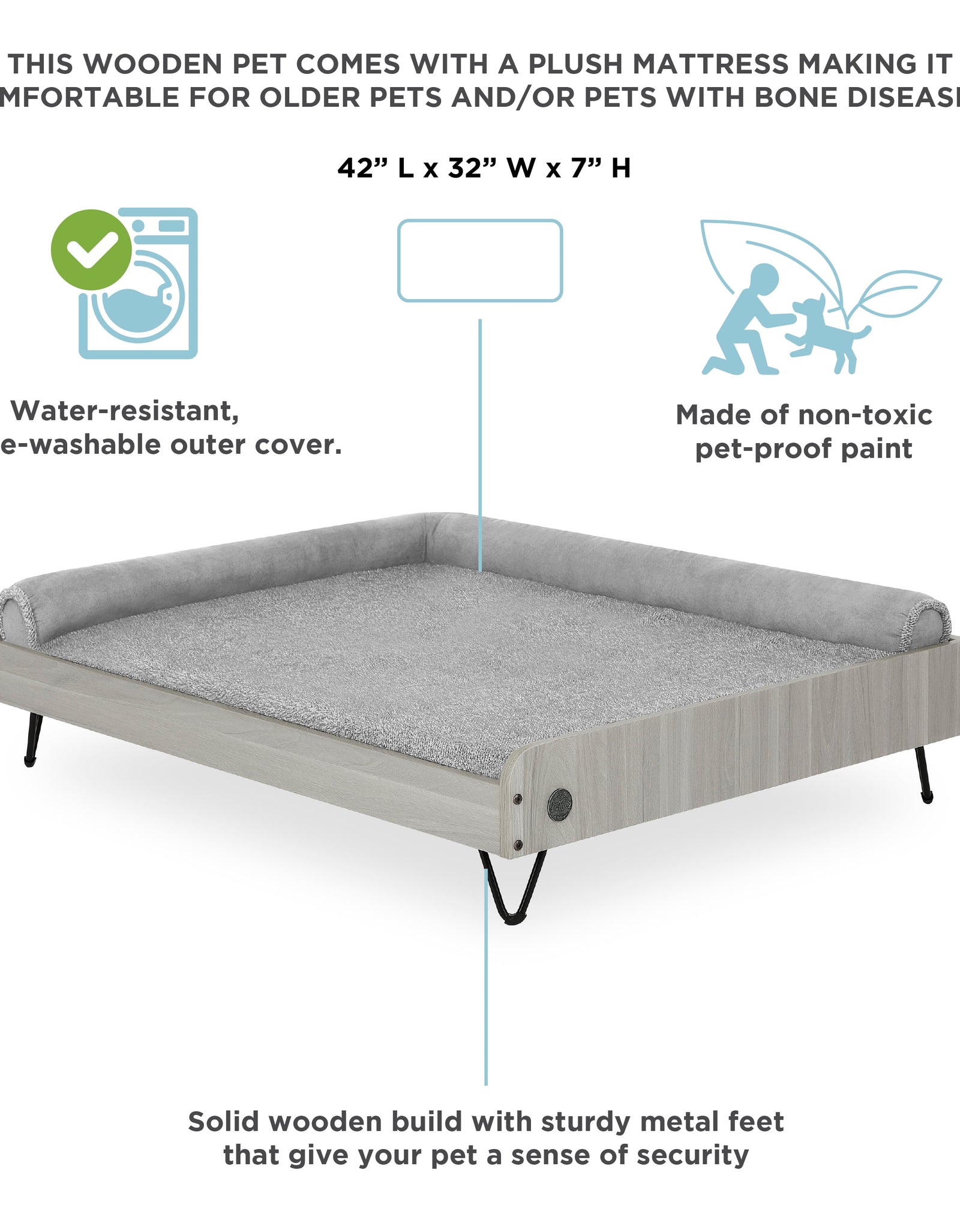 Asher Cama Pequeña Elevada De Madera Para Mascotas Con Colchón, Certificación Greenguard Gold