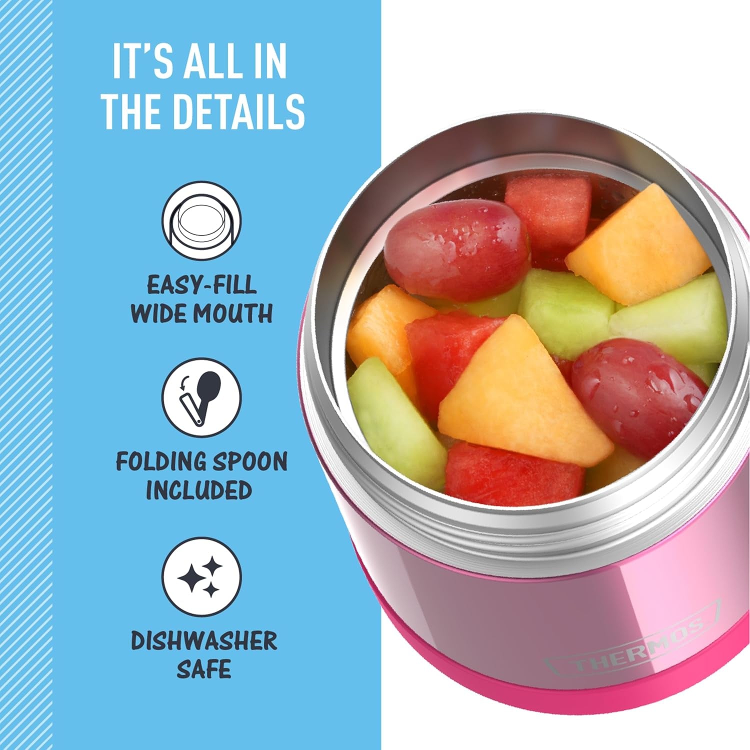 FUNTAINER 10 Ounce Stainless Steel Vacuum Insulated Kids Food Jar with Folding Spoon, Pink