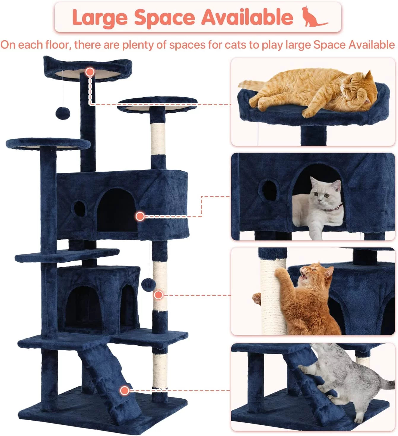 Torre De Juego Cat Tree De 54 in Con Doble Condominio, Poste Rascador Y Percha Para Interiores, Azul Marino