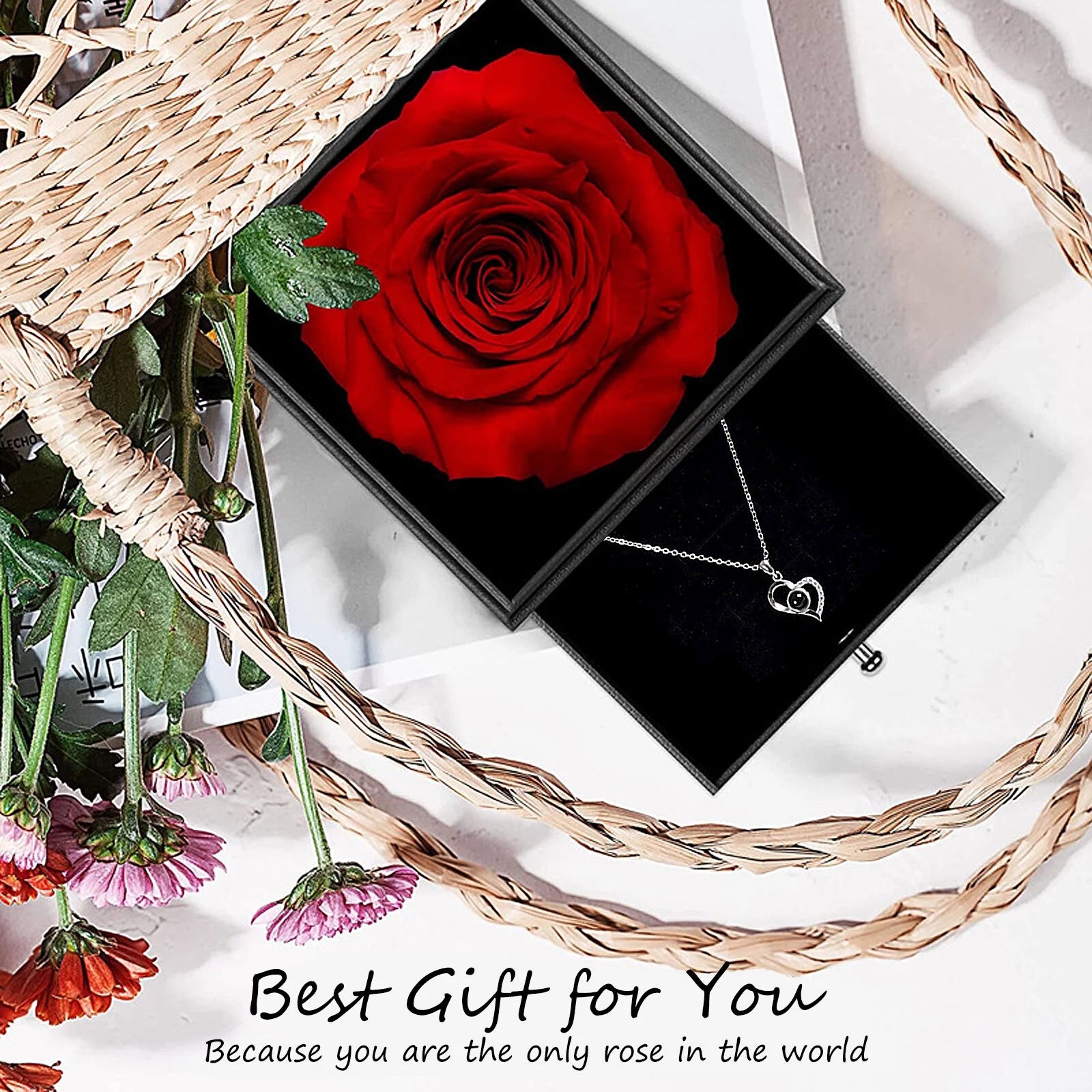 Rosa Roja Real Preservada Con Collar I Love You En 100 Idiomas - Flores Eternas Regalos De Rosas Para Mamá Esposa Novia Ella En Navidad Día De San Valentín Día De La Madre Aniversario Regalos De Cumpleaños Para Mujer