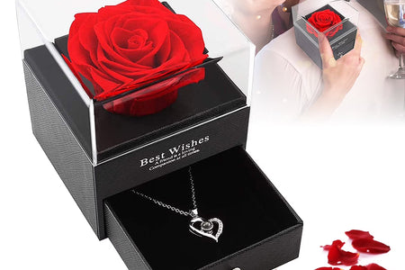 Rosa Roja Real Preservada Con Collar I Love You En 100 Idiomas - Flores Eternas Regalos De Rosas Para Mamá Esposa Novia Ella En Navidad Día De San Valentín Día De La Madre Aniversario Regalos De Cumpleaños Para Mujer