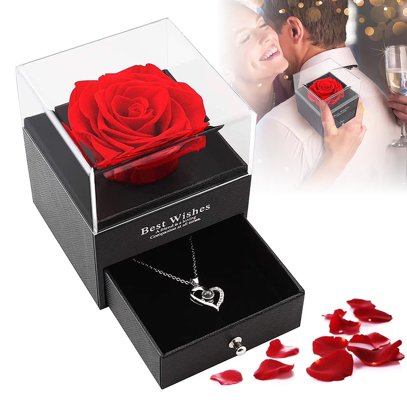 Rosa Roja Real Preservada Con Collar I Love You En 100 Idiomas - Flores Eternas Regalos De Rosas Para Mamá Esposa Novia Ella En Navidad Día De San Valentín Día De La Madre Aniversario Regalos De Cumpleaños Para Mujer
