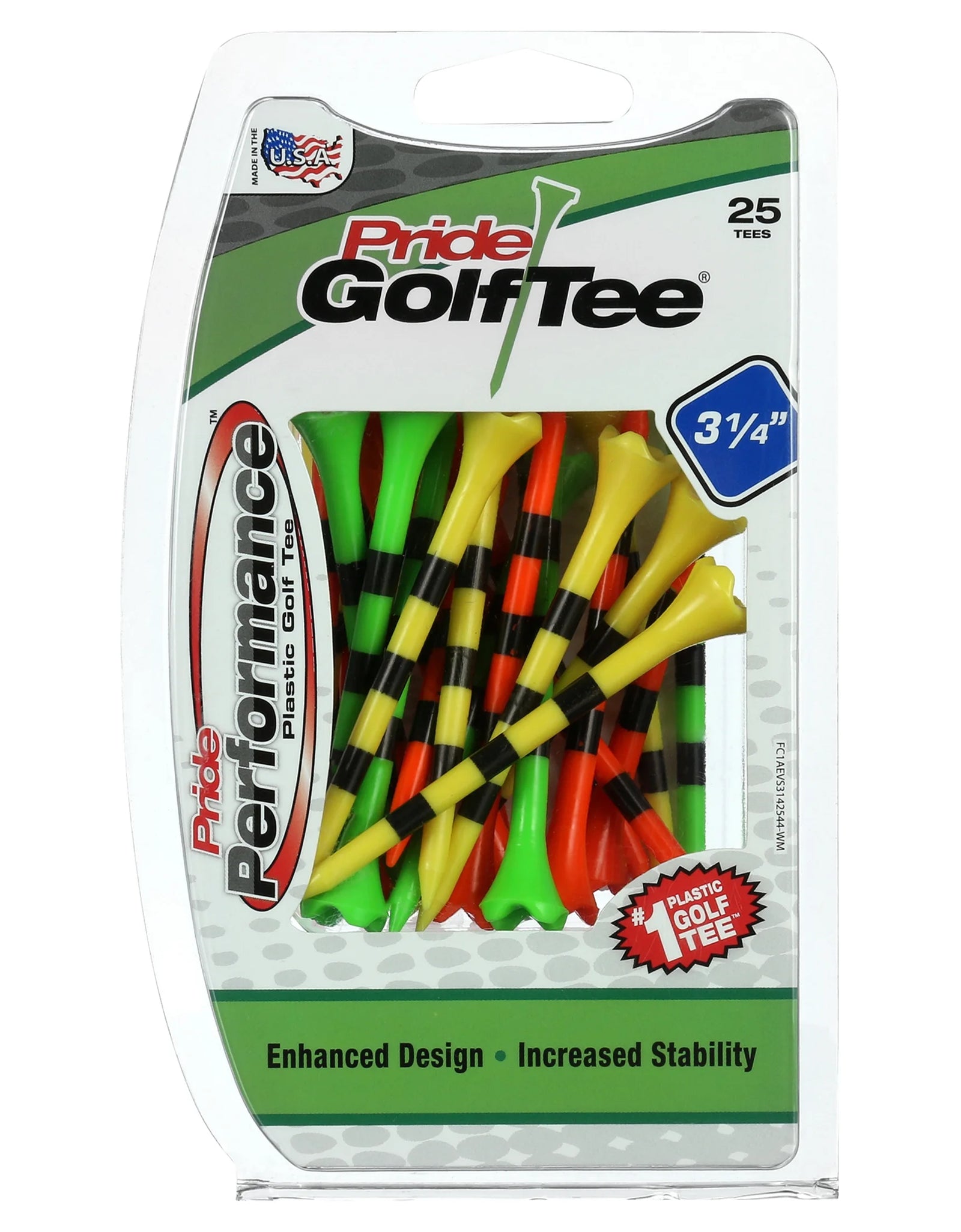 Pride Performance Plastic Golf Tees, 3-1/4" Length, Striped Fruit Mix, 25 Count, Low-Resistance Head for Golf, Longer Drives, Durable Plastic