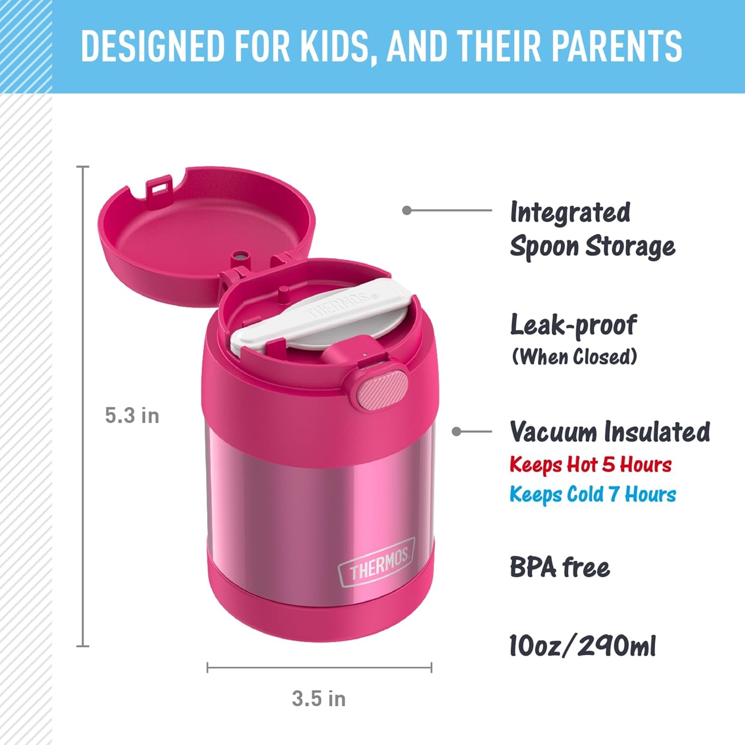 FUNTAINER 10 Ounce Stainless Steel Vacuum Insulated Kids Food Jar with Folding Spoon, Pink