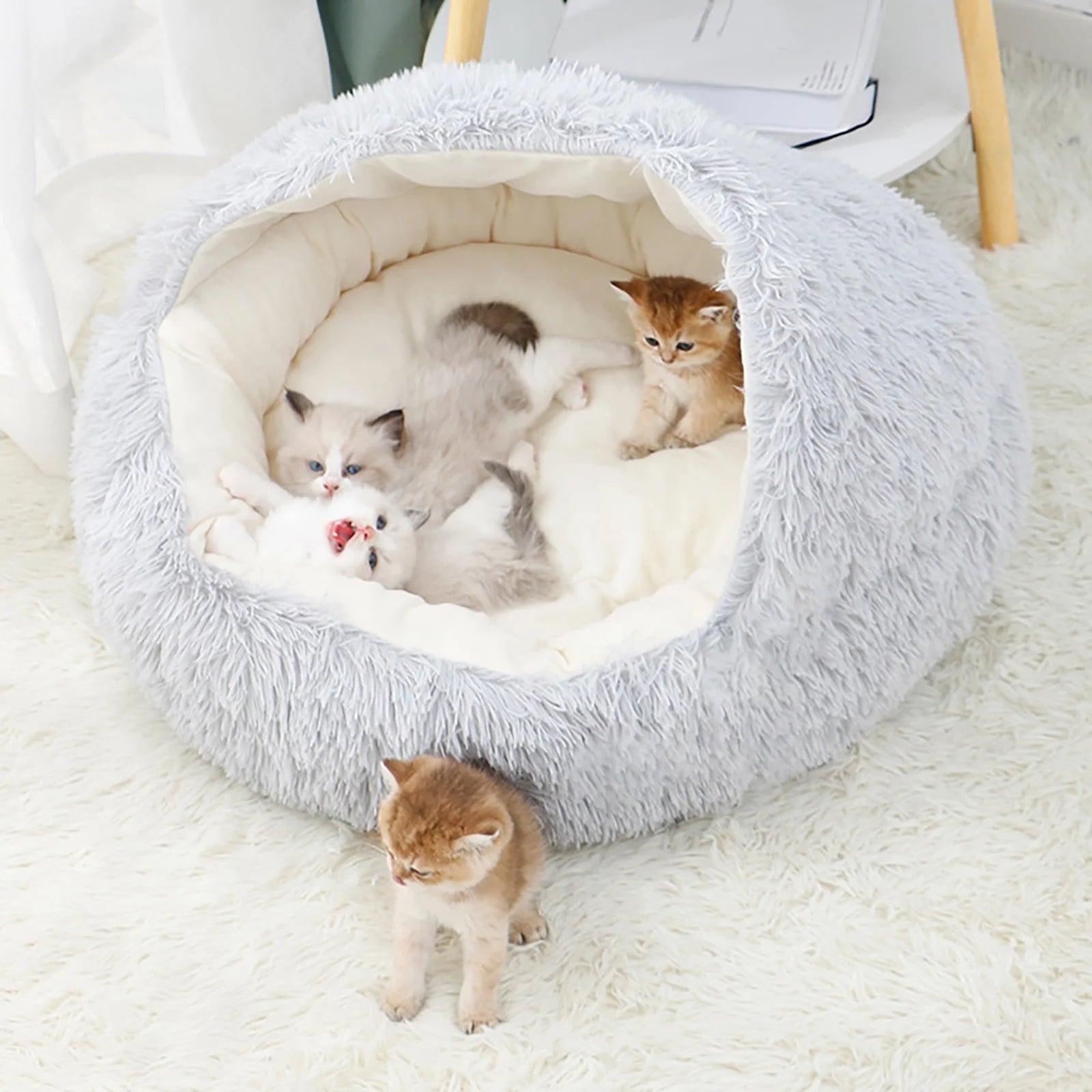 Camas Calmantes Para Perros Y Cama Cueva Para Gatos Con Funda Con Capucha, Camas Redondas Removibles Y Lavables Para Mascotas Pequeñas Y Medianas, Cama Acolchada Antideslizante De Piel Sintética Esponjosa Para Mejorar El Sueño, Se Adapta Hasta 11 Lbs