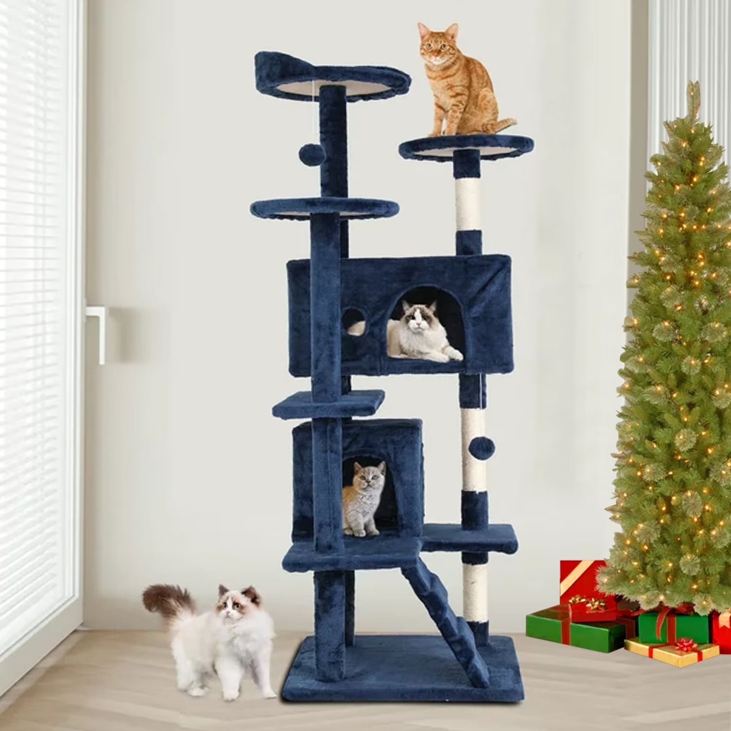 Torre De Juego Cat Tree De 54 in Con Doble Condominio, Poste Rascador Y Percha Para Interiores, Azul Marino