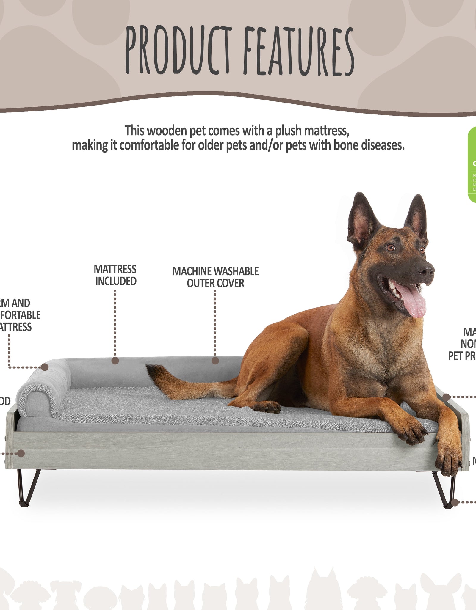 Asher Cama Pequeña Elevada De Madera Para Mascotas Con Colchón, Certificación Greenguard Gold