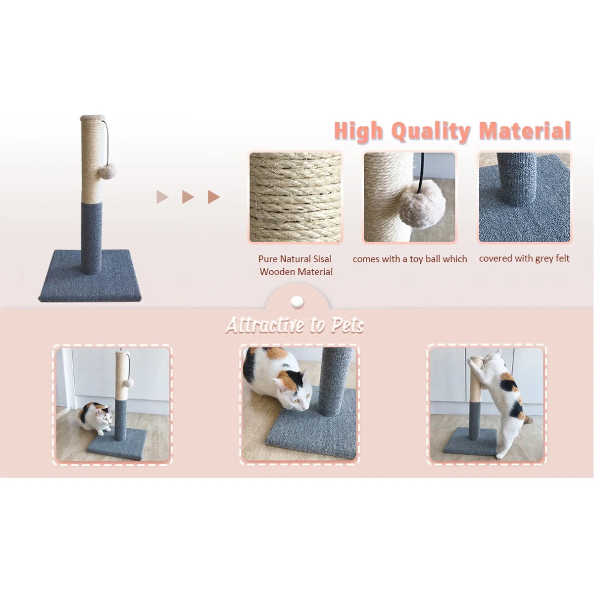 Rascador Para Gatos Con Pelota De Juguete, Fieltro Gris Y Sisal, Rascador Para Gatos