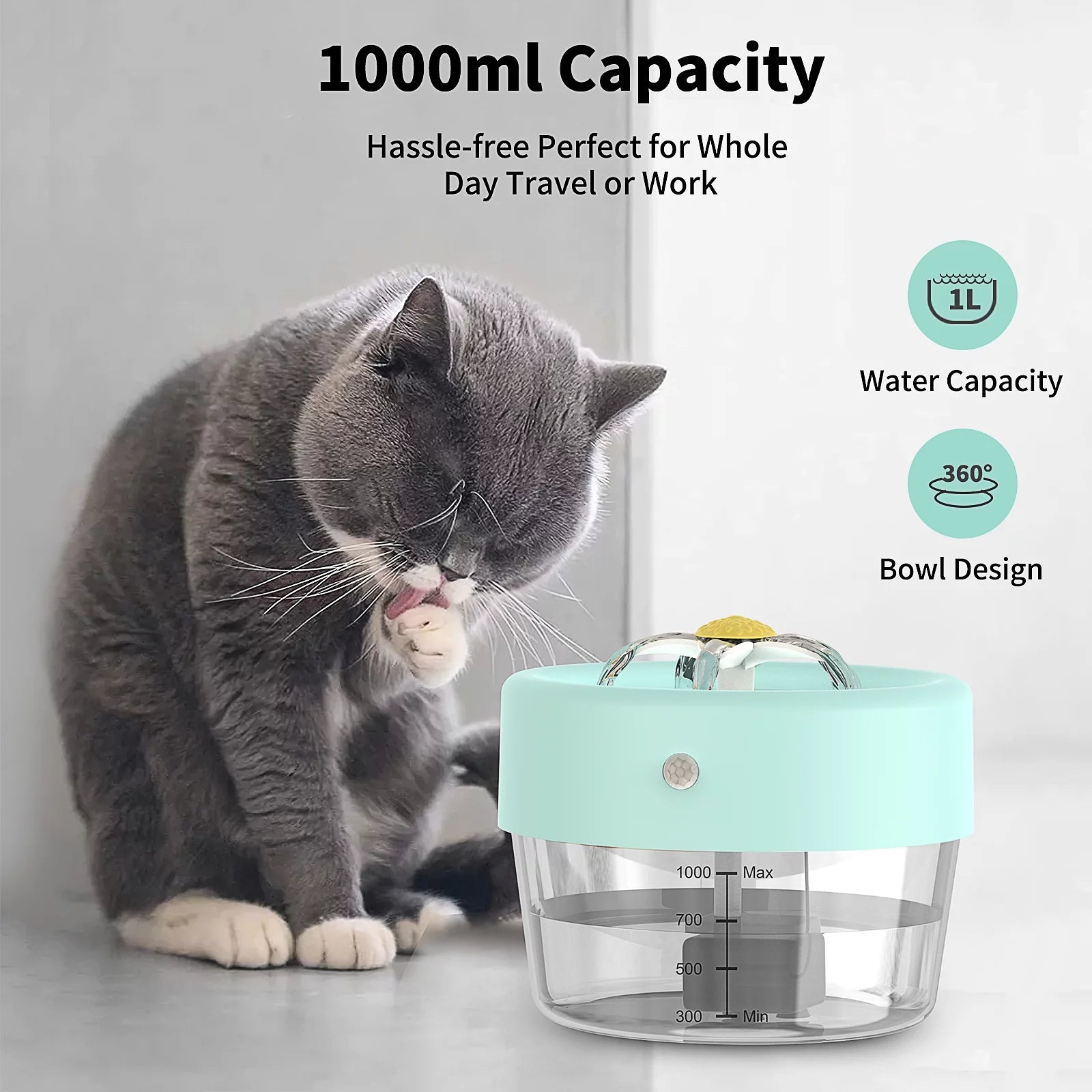 Fuente De Agua Para Gato, Fuente De Agua Para Mascotas Con Batería De 1000Mah. Fuente Automática Para Beber Mascotas, Fuente Para Gato Azul 35 Oz