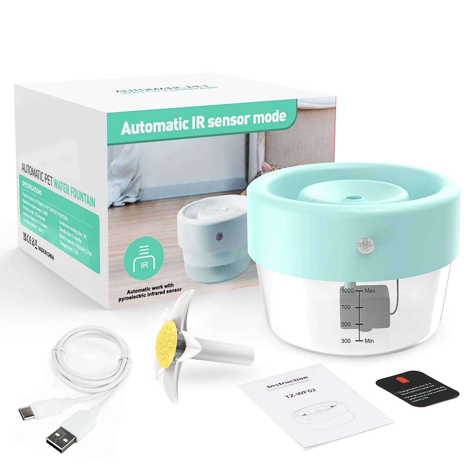 Fuente De Agua Para Gato, Fuente De Agua Para Mascotas Con Batería De 1000Mah. Fuente Automática Para Beber Mascotas, Fuente Para Gato Azul 35 Oz