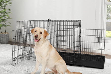 42 Inch Jaula Para Perro, Jaulas Y Perreras Plegables Grandes Para Perros Grandes Con Asa, Jaula Para Perro De Alambre Metálico De Doble Puerta Para Exteriores Con Bandeja De Plástico Para Perros Medianos, Negro